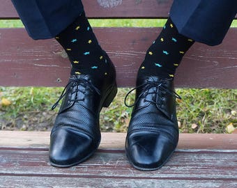 Dream Stars socks, mens dress socks, casual socks, cool socks, yellow socks, funny socks, patterned socks, colorful socks, wedding socks