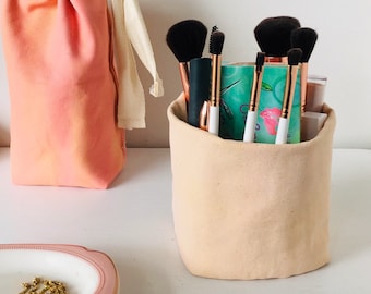 Travel gift eco-friendly makeup bag, small toiletry bag/organizer for home and travelling. Organic cotton travel makeup tote