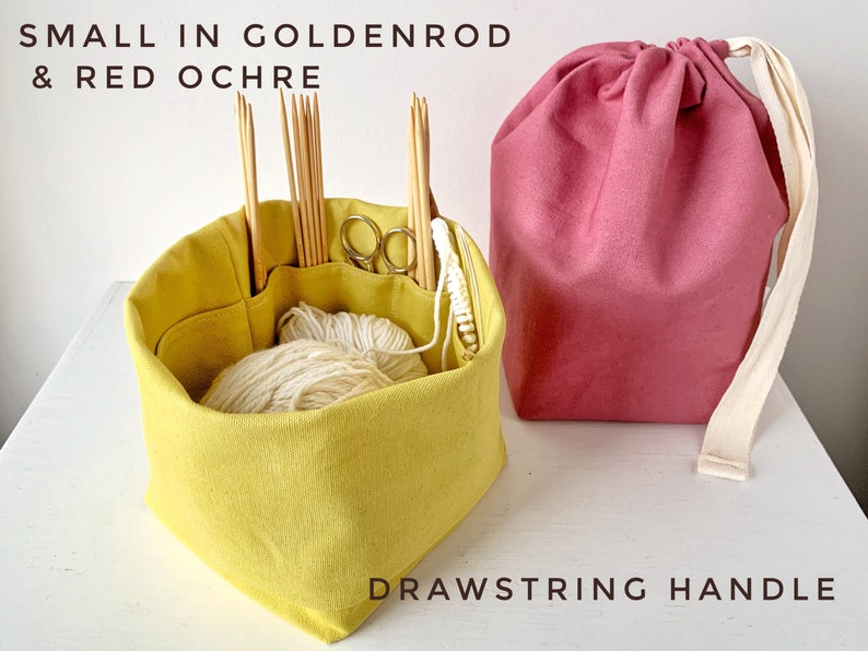 Yellow knitting bag Eco-friendly canvas organizer with 8 pockets. Perfect for hat/sock projects. Portable, eco-friendly gift for knitter. image 3