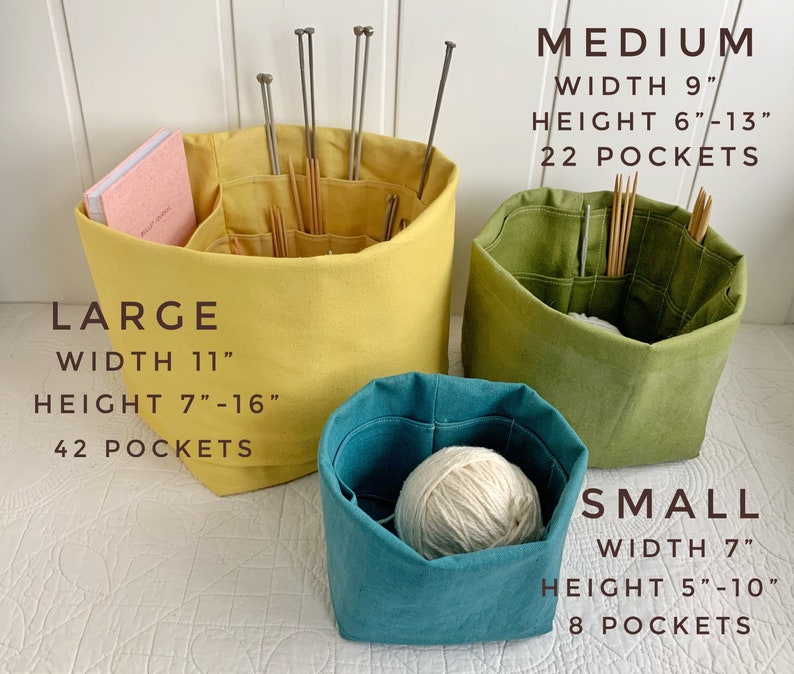 Yellow knitting bag Eco-friendly canvas organizer with 8 pockets. Perfect for hat/sock projects. Portable, eco-friendly gift for knitter. image 4