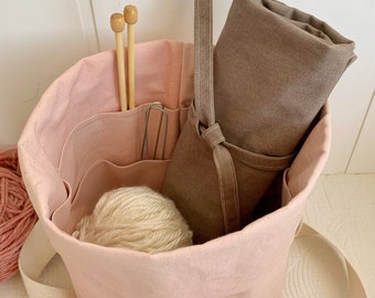 Knitting/crochet gift set! Bag and needle roll in organic cotton canvas. project bag/WIP tote and rollup for hooks/circulars/needles/notions