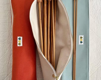 Straight needle case for long knitting needles, brushes, tools.  Fully lined 100% organic cotton canvas and strong metal zipper. 16”x5”.
