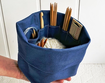 Knitting organizers! Sturdy organic cotton canvas with lots of pockets to hold all your supplies. Portable & eco-friendly. Great gift idea!