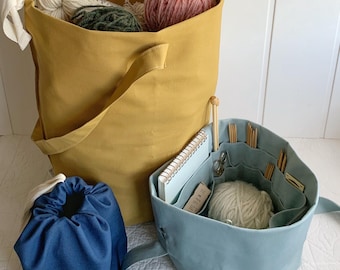 Knitting and crochet bags. Organic cotton canvas organizer for needles/hooks/yarn/notions. Portable, eco-friendly gift for knitters!
