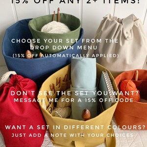 May include: An assortment of fabric storage bags and baskets in various colors, including blue, green, yellow, red, and beige. Some containers hold yarn, knitting needles, and other craft supplies. Text on the image reads: "15% OFF ANY 2+ ITEMS!"