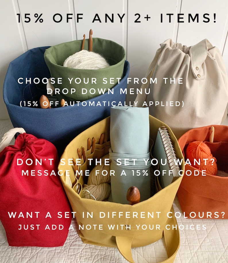 May include: An assortment of fabric storage bags and baskets in various colors, including blue, green, yellow, red, and beige. Some containers hold yarn, knitting needles, and other craft supplies. Text on the image reads: "15% OFF ANY 2+ ITEMS!"
