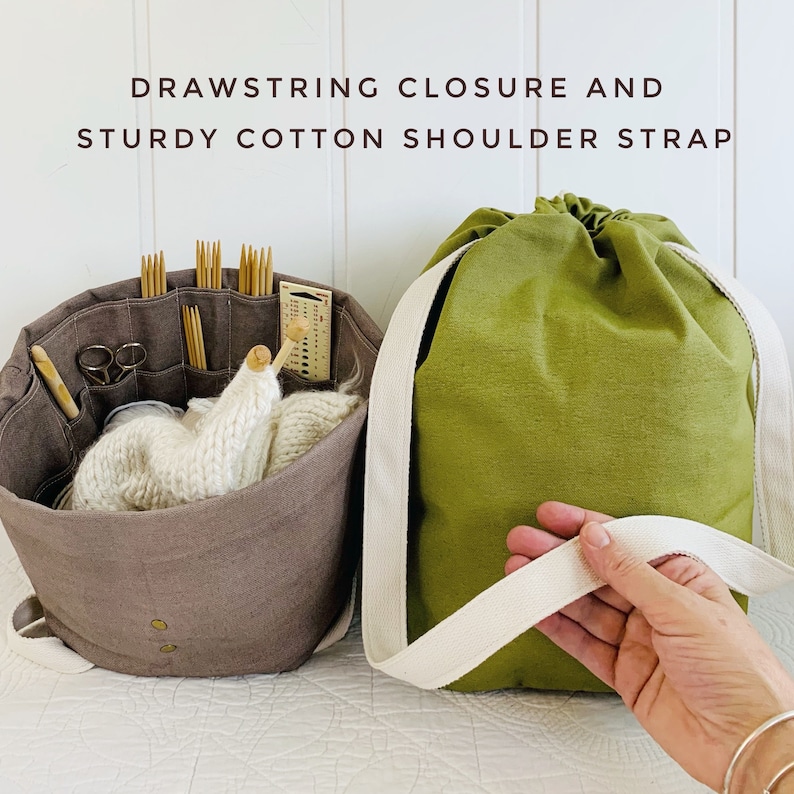 Gift for knitters Organic canvas knitting bag/organizer with numerous pockets to hold all your supplies. Portable & eco-friendly. 3 sizes. image 4