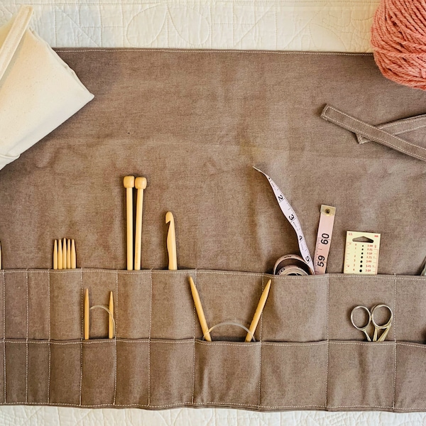 Gift for knitter! Organic canvas knitting needle organizer, knitting roll up, needle storage, small tool roll, eco-friendly and hand made