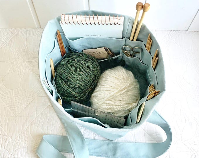 Knitting project bags! Organic cotton canvas organizer, many pockets, eco-friendly yarn storage w shoulder strap.  Popular gift for knitter!