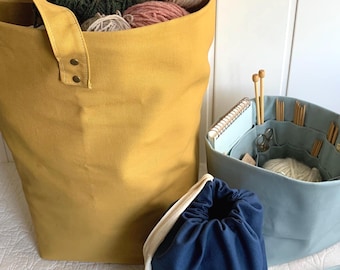 Large yarn bag, organic cotton canvas knitting/crochet bag/organizer with numerous pockets. Gift for crocheter. Gift idea for knitter.