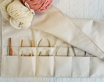 Gift for knitters! Circular needle organizer, organic cotton canvas knitting needle roll w lots of pockets. Eco-friendly.