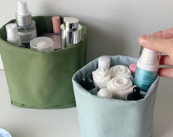 Organic cotton organizer for makeup/cosmetics/toiletries! Storage and travel bag for medicine, bath products, grooming supplies. Gift idea!
