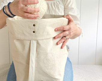 Knitting gift - Large knitting/yarn bag. Organic cotton canvas organizer for knitting & crochet. Portable, eco-friendly gift for knitter!