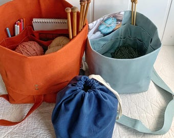 Gift for knitter! Organic canvas knitting bag/organizer with numerous pockets to hold all your supplies. Portable & eco-friendly. 3 sizes.