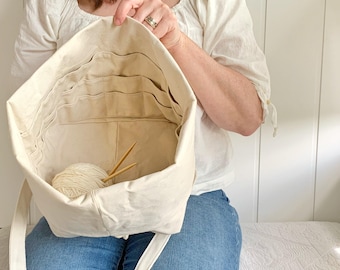 Large knitting bag. Organic cotton canvas organizer, many pockets, eco-friendly yarn storage with shoulder strap.  Amazing gift for knitter!