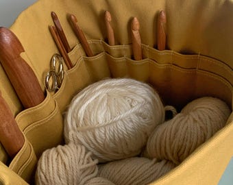 Crocheter gift idea | Stylish crochet/knitting bag in organic canvas. Lots of pockets for hooks/notions and yarn. Portable & eco-friendly.