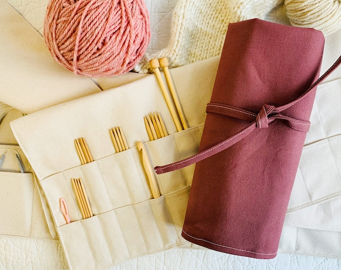 Knitting present! Eco-friendly organic canvas knitting needle holder, tool roll, supply organizer. Unique gift for a compulsive knitter!