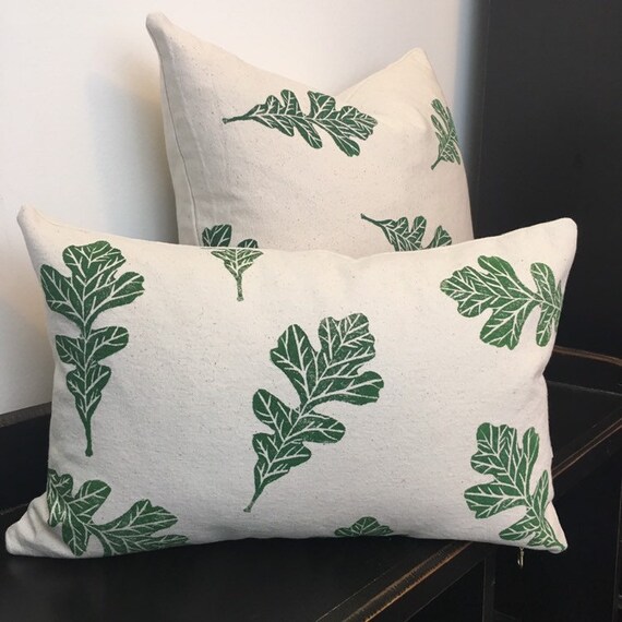 Dark Green Pillow Cover Block Print Oak Leaves On Organic Etsy