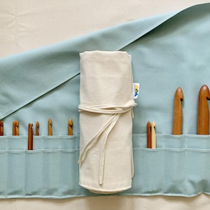 Roll-ups for crochet hooks/needles! Organic canvas organizer for straights, circulars, DPNs and hooks. Small tool and art supply roll up.