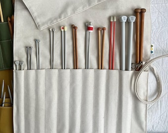 Long knitting needle roll-up (10-16 inch needles).  Large organic cotton canvas holder, tool roll, organizer, storage. Portable needle case.