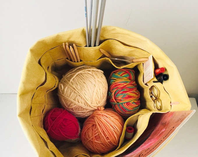Organic canvas yellow knitting bags with lots of pockets. Knit and crochet portable organizers.  Size and colour choices.