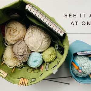 Knitting organizer! Sturdy organic cotton canvas with 22 pockets to hold all your supplies. Portable & eco-friendly. Great gift idea!