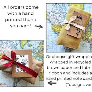 May include: Gift-wrapped package in recycled brown paper, tied with a fabric ribbon, and a hand-printed note card. The package is on a map background. The text says, "All orders come with a hand printed thank you card!"