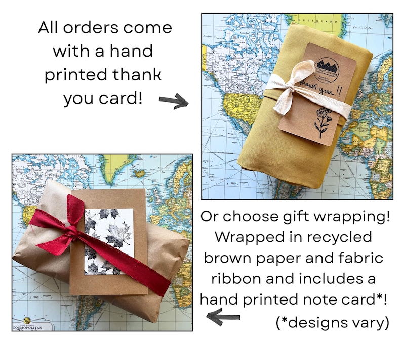 May include: Gift-wrapped package in recycled brown paper, tied with a fabric ribbon, and a hand-printed note card. The package is on a map background. The text says, "All orders come with a hand printed thank you card!"