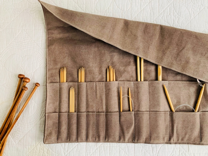 Organizers for knitting/crochet Organic canvas knitting needle case, crochet hook roll, needle storage, small tool roll, gift for crafter image 6