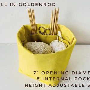 Yellow knitting bag Eco-friendly canvas organizer with 8 pockets. Perfect for hat/sock projects. Portable, eco-friendly gift for knitter. image 2