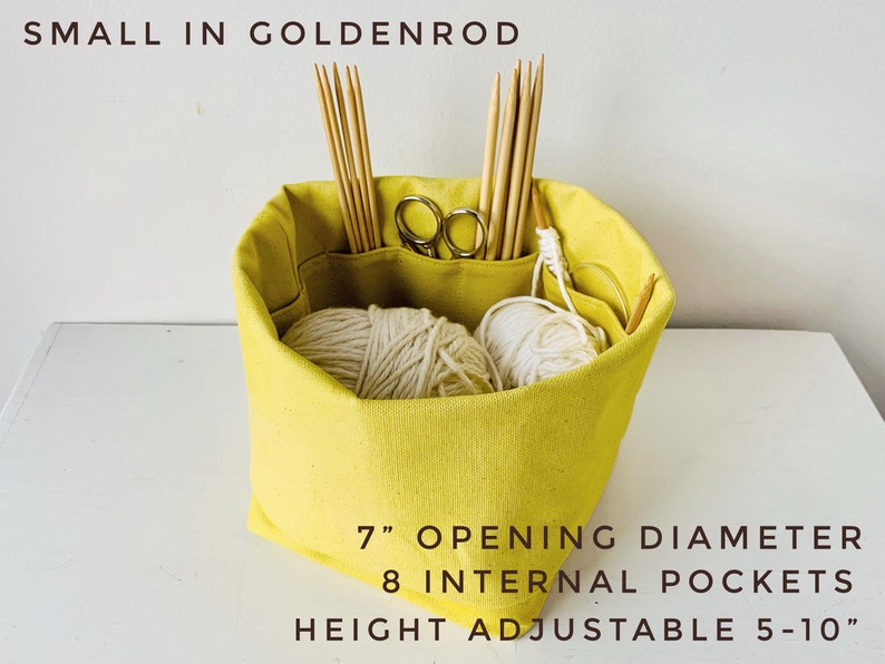 Yellow knitting bag Eco-friendly canvas organizer with 8 pockets. Perfect for hat/sock projects. Portable, eco-friendly gift for knitter. image 2