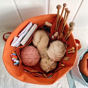 Gift for knitters - Organic cotton knitting bag/organizer/project bag/wip bag. Portable & eco-friendly with many pockets.  Handmade. 3 sizes