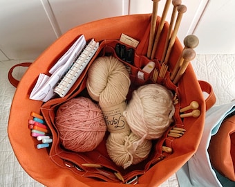 Gift for knitters - Organic cotton knitting bag/organizer/project bag/wip bag. Portable & eco-friendly with many pockets.  Handmade. 3 sizes