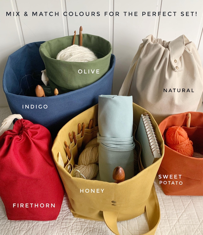 Gift for knitters - Organic cotton knitting bag/organizer/project bag/wip bag. Portable & eco-friendly with many pockets. Handmade. 3 sizes image 5