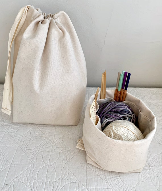 Natural Canvas Knitting Organizer, Vegan Knitting Bag, Dye-free Project Bag  With Many Pockets. Eco-friendly Gift, Sustainable Knitting Tote. 