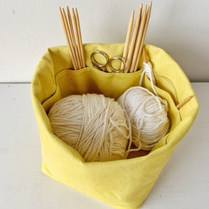 Yellow knitting bag Eco-friendly canvas organizer with 8 pockets. Perfect for hat/sock projects. Portable, eco-friendly gift for knitter. image 1