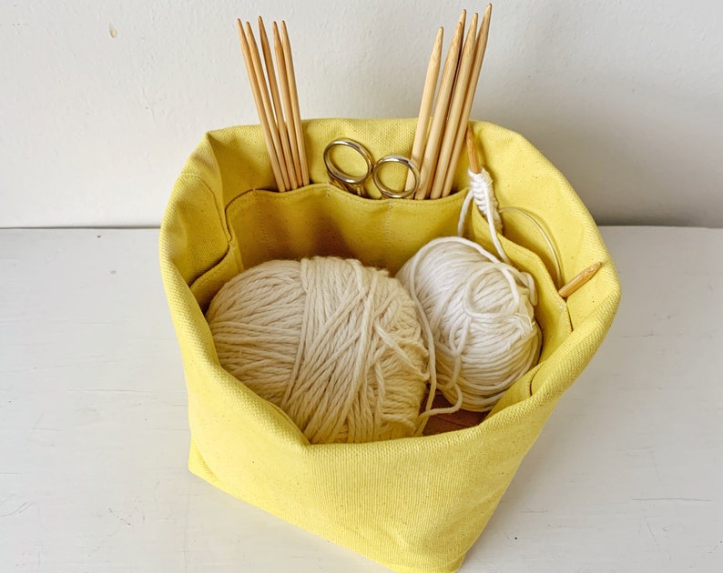 Yellow knitting bag Eco-friendly canvas organizer with 8 pockets. Perfect for hat/sock projects. Portable, eco-friendly gift for knitter. image 1