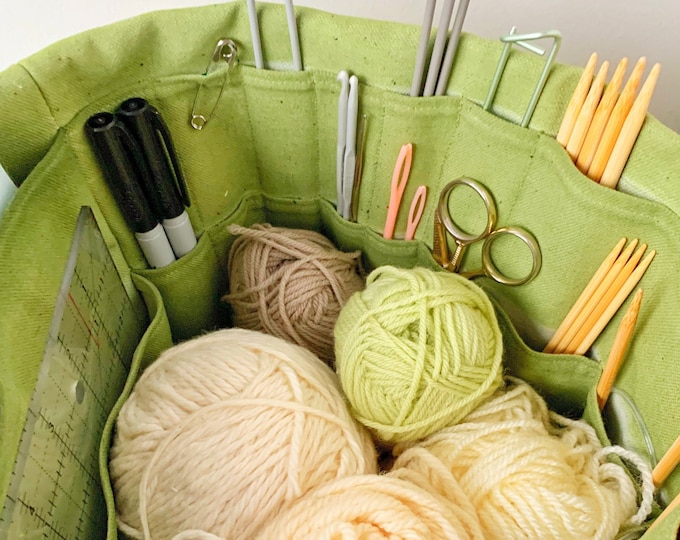 Knitting organizer! Sturdy organic cotton canvas with lots of pockets. Portable & eco-friendly. Great gift idea! Size/colour options.