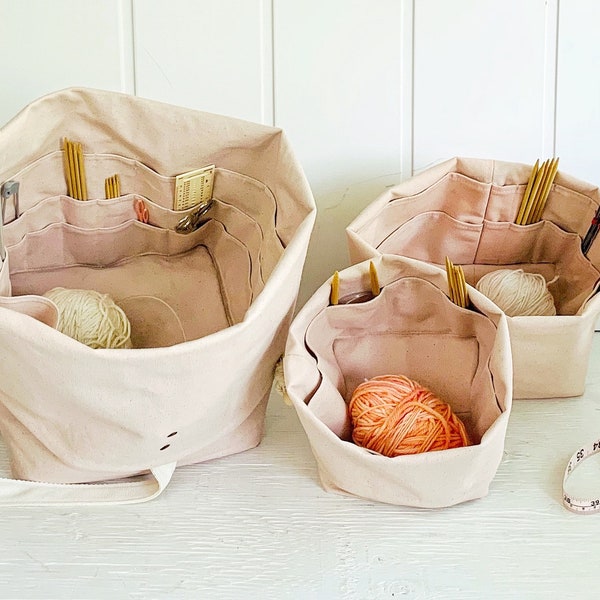 Blush/pink knitting totes. Organic canvas yarn bag/needle organizer/ project bag with many pockets. Portable/eco-friendly gift for knitter.