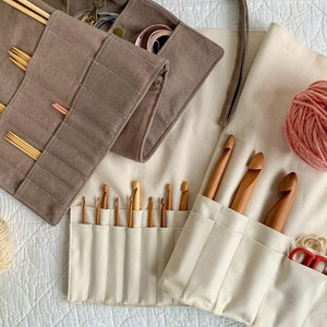 Organizers for knitting/crochet Organic canvas knitting needle case, crochet hook roll, needle storage, small tool roll, gift for crafter image 1