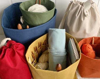 Organic cotton canvas knitting bag. Needle and yarn organizer with lots of pockets to hold all your supplies. Portable & eco-friendly gift.