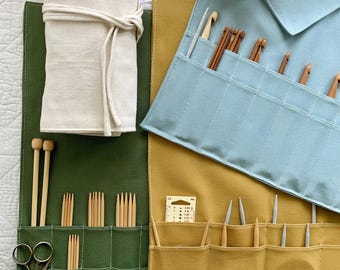 Knitting needle roll-up. Eco-friendly organic canvas knitting needle holder, tool roll, organizer.
