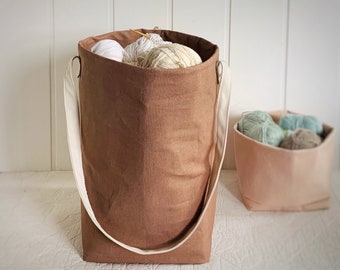 Large yarn bag, organic cotton canvas knitting/crochet bag/organizer with numerous pockets. Gift for crocheter. Gift idea for knitter.