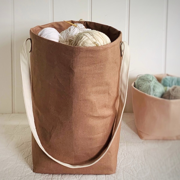 Large yarn bag, organic cotton canvas knitting/crochet bag/organizer with numerous pockets. Gift for crocheter. Gift idea for knitter.