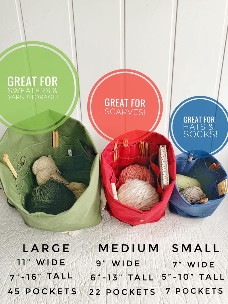 Gift for knitters - Organic cotton knitting bag/organizer/project bag/wip bag. Portable & eco-friendly with many pockets. Handmade. 3 sizes image 4