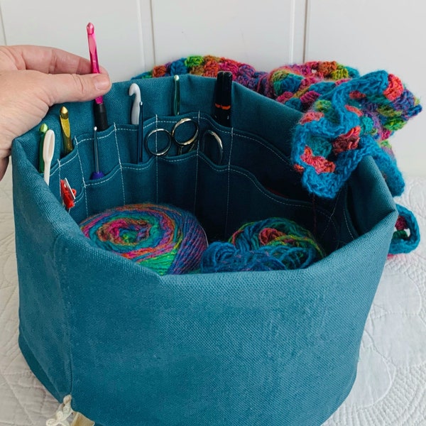 Crochet bag and organizer, lots of pockets for hooks/notions.  100% organic cotton canvas. Gift for crocheter.