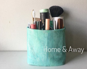 Globetrotting gift! Eco-friendly travel makeup/toiletry bag with many pockets.  Organic canvas bathroom organizer, cosmetic tote, wash bag.