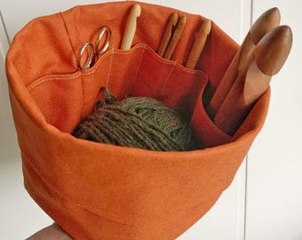 Gift for crocheter! Organic cotton canvas bag! Knitting/crochet organizer with many pockets. Portable/eco-friendly. Size & colour options.