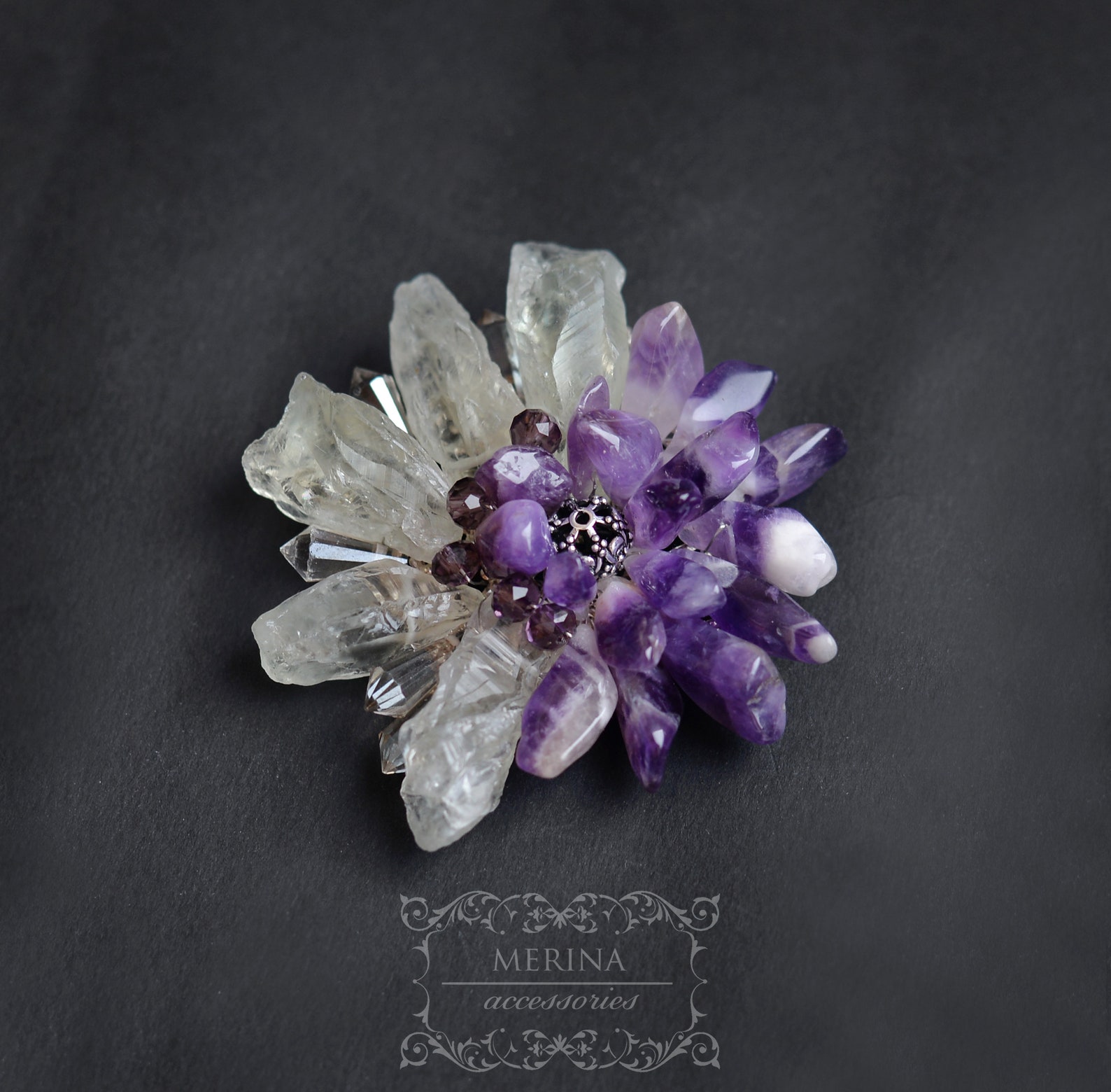 Handmade Brooch Violet Rough Crystal аmethyst and Quartz Etsy