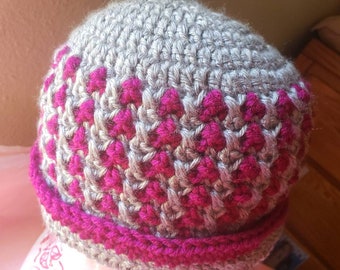 Pink and grey womens beanie